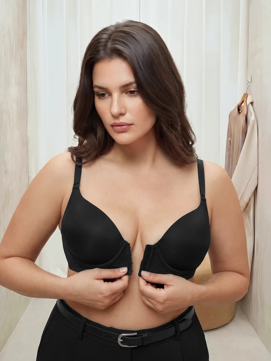 Bralution Black Underwire Molded Cup High Support Push-Up Lifting Front Closure Side-Smoothing Minimalist Comfortable Plus Size Bra - Black - View 1