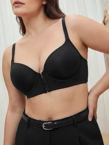 Bralution Black Underwire Molded Cup High Support Push-Up Lifting Front Closure Side-Smoothing Minimalist Comfortable Plus Size Bra - Black - View 5