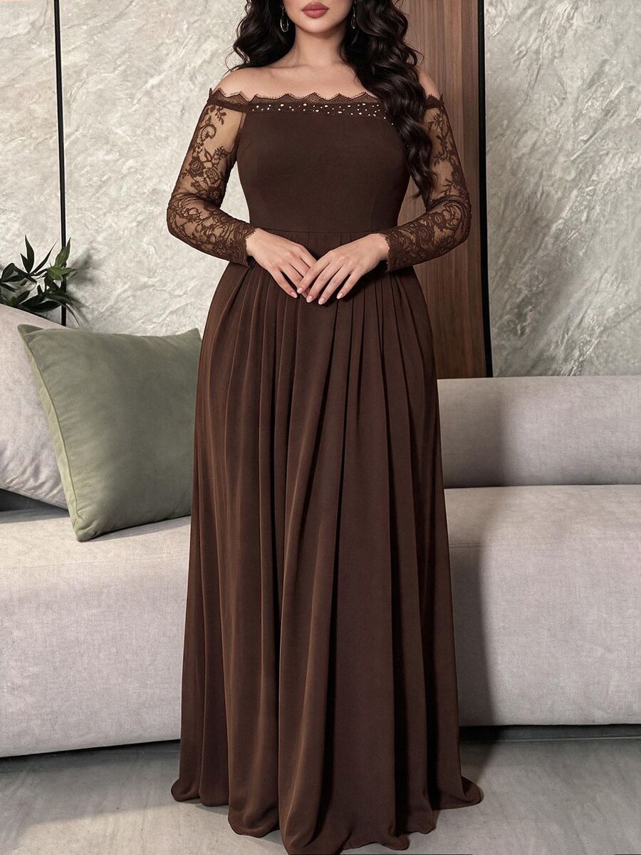Modelyn Plus Size Women's Lace Patchwork Off-Shoulder Elegant Cinched Waist Formal Evening Gown Dress - Coffee Brown - View 1