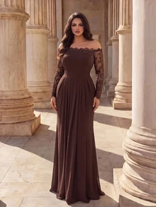 Modelyn Plus Size Women's Lace Patchwork Off-Shoulder Elegant Cinched Waist Formal Evening Gown Dress - Coffee Brown - View 6