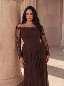 Modelyn Plus Size Women's Lace Patchwork Off-Shoulder Elegant Cinched Waist Formal Evening Gown Dress - Coffee Brown - View 7