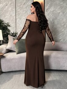 Modelyn Plus Size Women's Lace Patchwork Off-Shoulder Elegant Cinched Waist Formal Evening Gown Dress - Coffee Brown - View 2