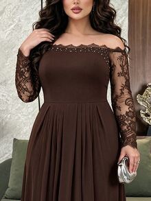 Modelyn Plus Size Women's Lace Patchwork Off-Shoulder Elegant Cinched Waist Formal Evening Gown Dress - Coffee Brown - View 5