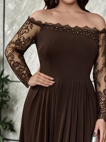 Modelyn Plus Size Women's Lace Patchwork Off-Shoulder Elegant Cinched Waist Formal Evening Gown Dress - Coffee Brown - View 3