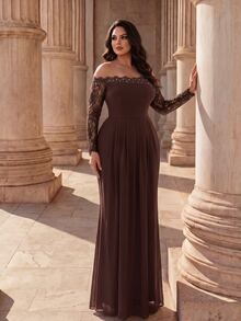 Modelyn Plus Size Women's Lace Patchwork Off-Shoulder Elegant Cinched Waist Formal Evening Gown Dress - Coffee Brown - View 8