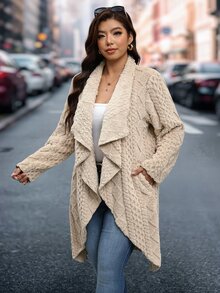 Reflora 大尺碼秋季瀑布領米色保暖大衣 正式晚裝 教師優雅休閒商務休閒 度假晚裝 - 杏色 - 查看 4