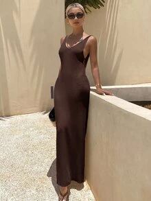 Livesso Petite فستان نسائي بلون موحد كاجوال للاستخدام اليومي صيفي من الصوف المحبوك - بني - مشاهدة 4