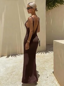 Livesso Petite فستان نسائي بلون موحد كاجوال للاستخدام اليومي صيفي من الصوف المحبوك - بني - مشاهدة 2
