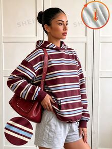 SHEIN 青少年女孩運動衫，酒紅色，寬鬆版型，秋冬保暖，時尚百搭，休閒，冬季，抓絨內裡，舒適，拉鍊，日常，街頭風 - 彩色 - 查看 1