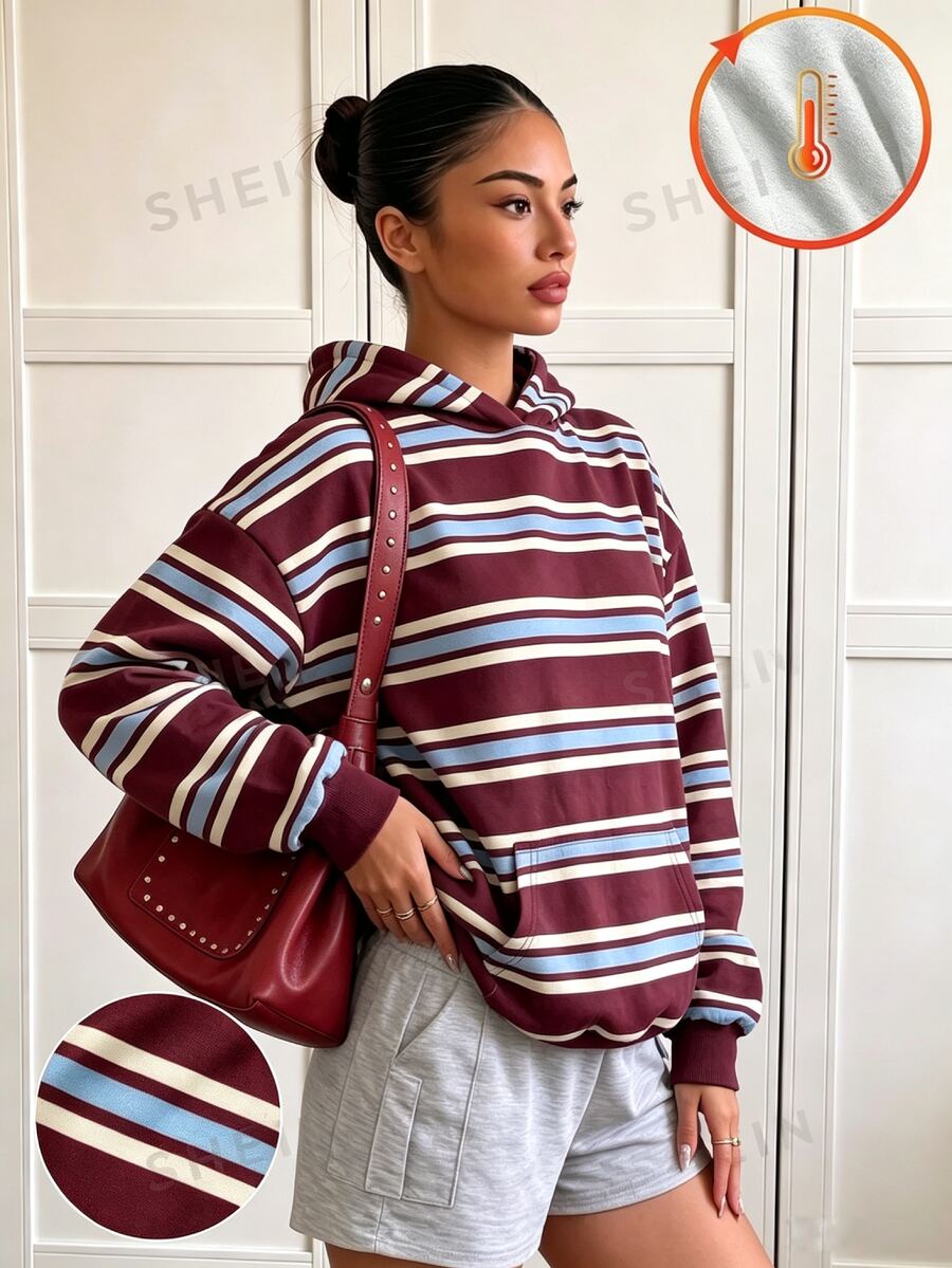 SHEIN 青少年女孩運動衫,酒紅色,寬鬆版型,秋冬保暖,時尚百搭,休閒,冬季,抓絨內裡,舒適,拉鍊,日常,街頭風 - 彩色 - 查看 1