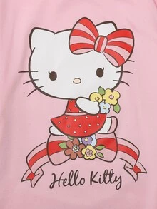HELLO KITTY AND FRIENDS | SHEIN 2件組 青少年女孩休閒優雅可愛精緻舒適修身針織粉色卡通圖案長袖套頭T恤與印花長褲睡衣套裝，適合室內穿著，適合睡眠，適合秋冬 - 粉色 - 查看 4
