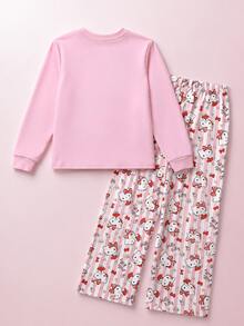 HELLO KITTY AND FRIENDS | SHEIN 2件組 青少年女孩休閒優雅可愛精緻舒適修身針織粉色卡通圖案長袖套頭T恤與印花長褲睡衣套裝，適合室內穿著，適合睡眠，適合秋冬 - 粉色 - 查看 3