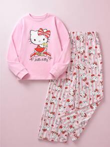 HELLO KITTY AND FRIENDS | SHEIN 2件組 青少年女孩休閒優雅可愛精緻舒適修身針織粉色卡通圖案長袖套頭T恤與印花長褲睡衣套裝，適合室內穿著，適合睡眠，適合秋冬 - 粉色 - 查看 6