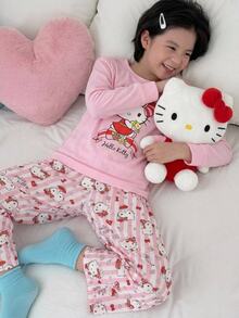 HELLO KITTY AND FRIENDS | SHEIN 2件組 青少年女孩休閒優雅可愛精緻舒適修身針織粉色卡通圖案長袖套頭T恤與印花長褲睡衣套裝，適合室內穿著，適合睡眠，適合秋冬 - 粉色 - 查看 7
