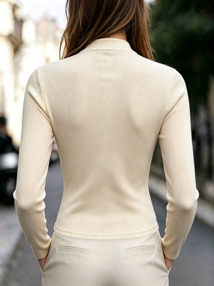 Balvessa Women's Black And Cream Ribbed Knit Fabric Stand Collar Long Sleeve Slim Fit Tight T-Shirt, Chinese Frog Button, Hollow Out, Office Brunch, Date Wear - Apricot - View 2