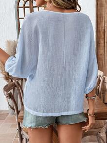 SHEIN LUNE Women's Casual Solid Color Dolman Sleeve Batwing Sleeve 3/4 Sleeve Blouse For Spring And Summer Daily Wear,Casual - Baby Blue - View 3