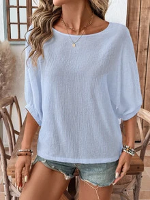 SHEIN LUNE Women's Casual Solid Color Dolman Sleeve Batwing Sleeve 3/4 Sleeve Blouse For Spring And Summer Daily Wear,Casual - Baby Blue - View 5