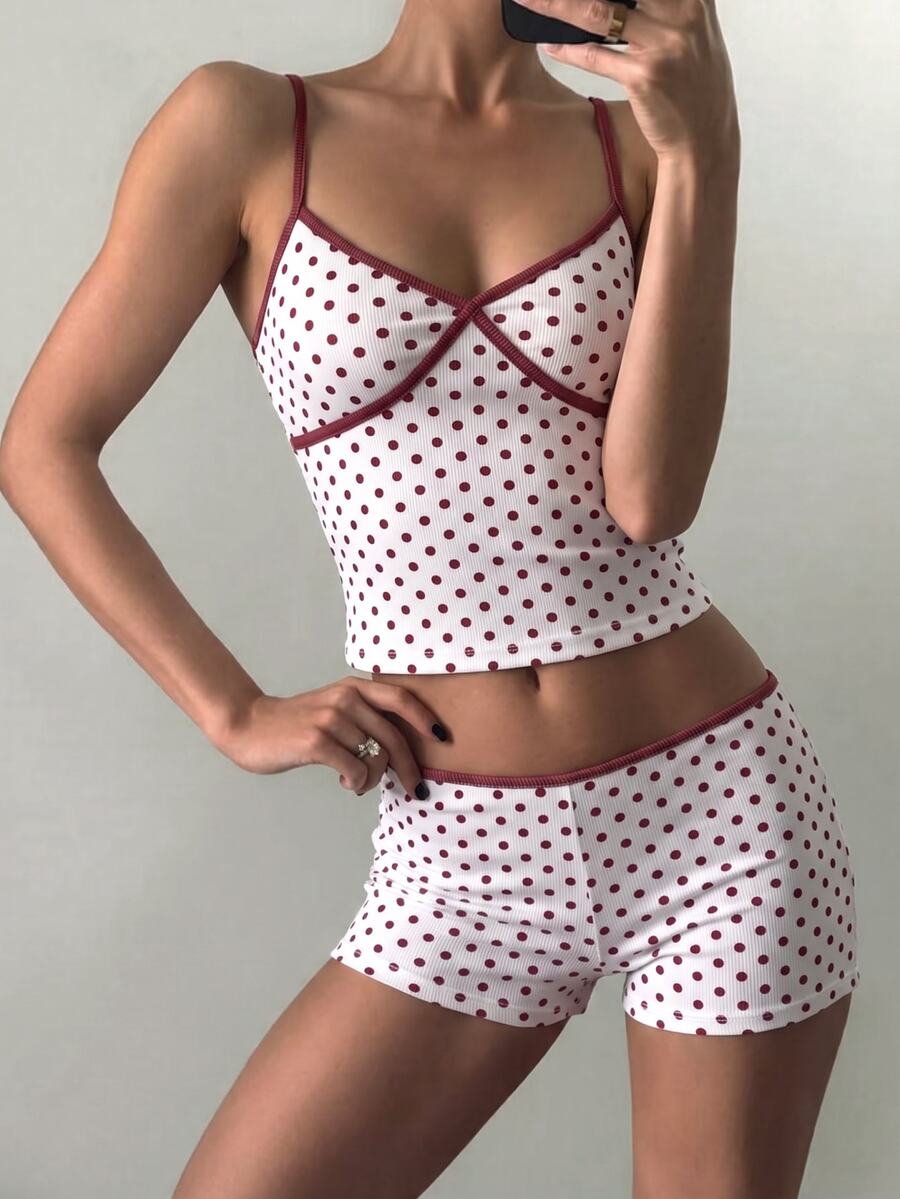 Rovax A Stylish Color-Block Patchwork Women's Seta New Summer Arrivalfeaturing A White Polka-Dot Camisole And Shorts. - Multicolor - View 1