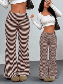 SHEIN EZwear 2026 New Women's Casual 90s Knitted Striped Cuffed Waist Flare Pants, White And Brown For Outings, And Home Leisure Everyday Work Autumn - Brown - View 4