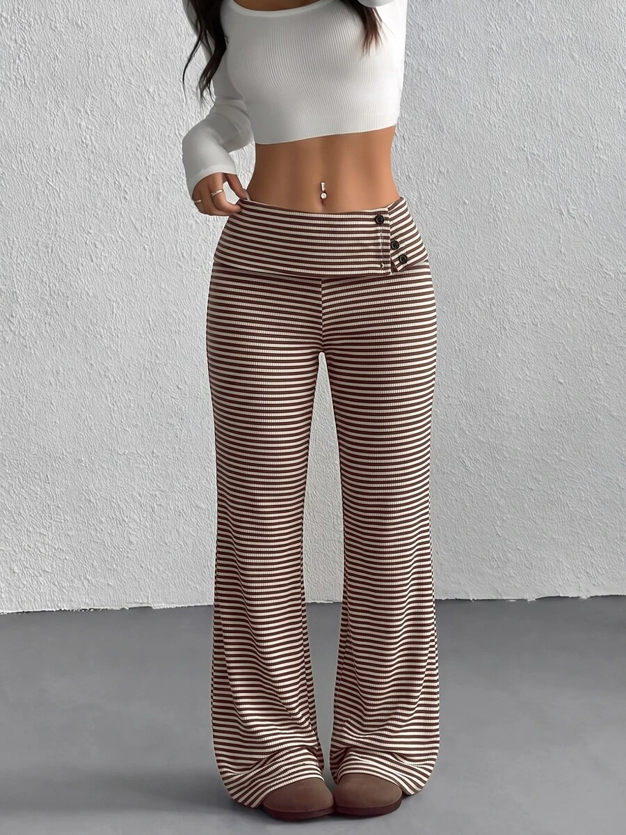 SHEIN EZwear 2026 New Women's Casual 90s Knitted Striped Cuffed Waist Flare Pants, White And Brown For Outings, And Home Leisure Everyday Work Autumn