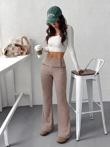 SHEIN EZwear 2026 New Women's Casual 90s Knitted Striped Cuffed Waist Flare Pants, White And Brown For Outings, And Home Leisure Everyday Work Autumn - Brown - View 6