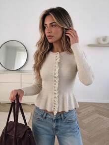 Serisse Women's Solid Color Long Sleeve Round Neck Ruffle Hem Fashion Versatile Cardigan - Apricot - View 1