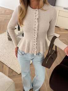 Serisse Women's Solid Color Long Sleeve Round Neck Ruffle Hem Fashion Versatile Cardigan - Apricot - View 9