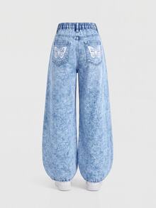 SHEIN Girlism 青少年女孩白色珠飾蝴蝶圖案淺藍色牛仔寬鬆長褲 秋冬休閒耐穿珍珠裝飾 - 藍色 - 查看 5