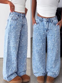 SHEIN Girlism 青少年女孩白色珠飾蝴蝶圖案淺藍色牛仔寬鬆長褲 秋冬休閒耐穿珍珠裝飾 - 藍色 - 查看 3