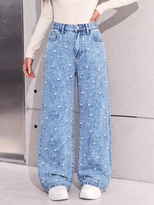 SHEIN Girlism 青少年女孩白色珠飾蝴蝶圖案淺藍色牛仔寬鬆長褲 秋冬休閒耐穿珍珠裝飾 - 藍色 - 查看 6