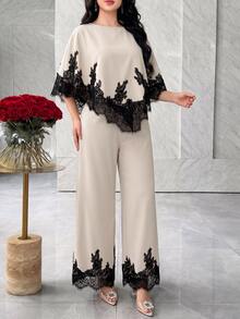 Modelyn Women's Contrast Lace Asymmetric Hem Blouse And Wide Leg Pants Elegant Set Lace Fall Winter Teacher White - Apricot - View 4