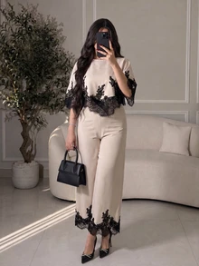 Modelyn Women's Contrast Lace Asymmetric Hem Blouse And Wide Leg Pants Elegant Set Lace Fall Winter Teacher White - Apricot - View 7