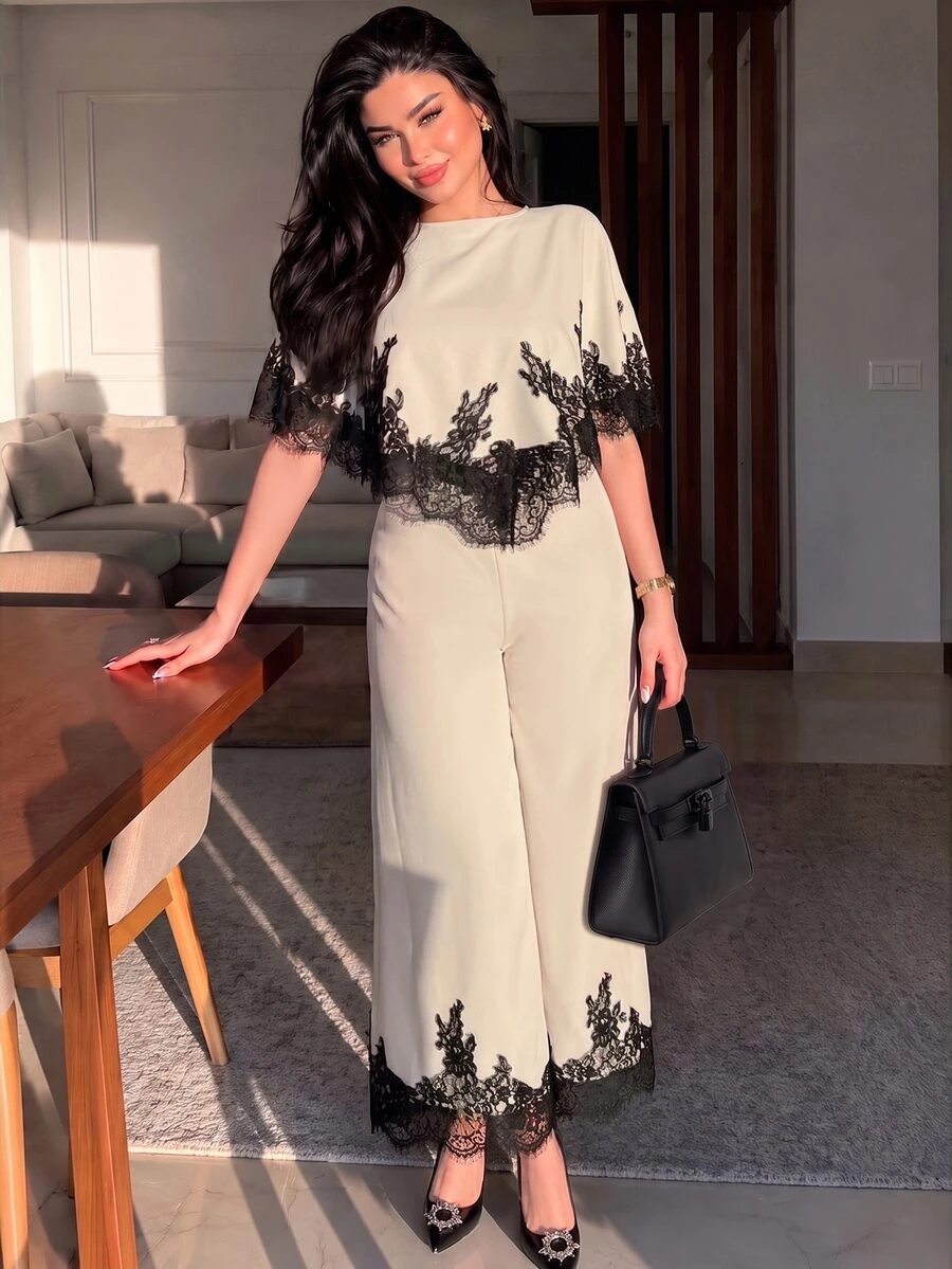 Modelyn Women's Contrast Lace Asymmetric Hem Blouse And Wide Leg Pants Elegant Set Lace Fall Winter Teacher White