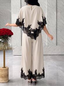 Modelyn Women's Contrast Lace Asymmetric Hem Blouse And Wide Leg Pants Elegant Set Lace Fall Winter Teacher White - Apricot - View 3