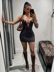 Amplova 女款性感PU皮革約會夜店外出細肩帶洋裝，黑色，秋季萬聖節穿搭 - 黑色 - 查看 1