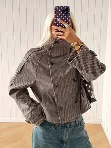 SHEIN EZwear 女款編織千鳥格粗花呢外套，法式優雅復古辦公風，秋冬款 - 卡其色 - 查看 5