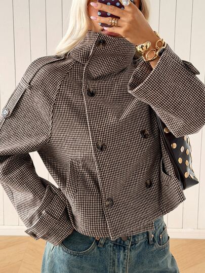 SHEIN EZwear Chaqueta de tweed con estampado de pata de gallo tejida en marrón y blanco para mujer, elegante estilo francés para oficina en otoño