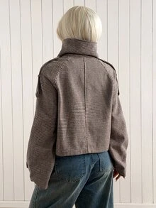 SHEIN EZwear 女款編織千鳥格粗花呢外套，法式優雅復古辦公風，秋冬款 - 卡其色 - 查看 8