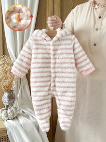 SHEIN Vintaside Kids 新生女嬰連身衣 柔軟休閒可愛 白色條紋 毛絨法蘭絨抓絨 長袖蝴蝶結連帽 加厚保暖冬季嬰兒連身衣 - 粉色 - 查看 4