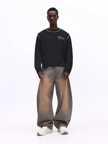 SUMWON Embroidered Logo Crew Neck Long Sleeve Tee With Contrast Stitching Detail Fall Winter Casual Top - Black - View 7