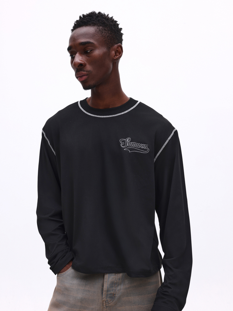 SUMWON Embroidered Logo Crew Neck Long Sleeve Tee With Contrast Stitching Detail Fall Winter Casual Top - Black - View 3