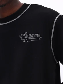 SUMWON Embroidered Logo Crew Neck Long Sleeve Tee With Contrast Stitching Detail Fall Winter Casual Top - Black - View 5