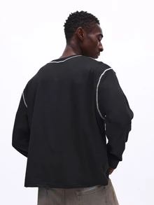 SUMWON Embroidered Logo Crew Neck Long Sleeve Tee With Contrast Stitching Detail Fall Winter Casual Top - Black - View 6