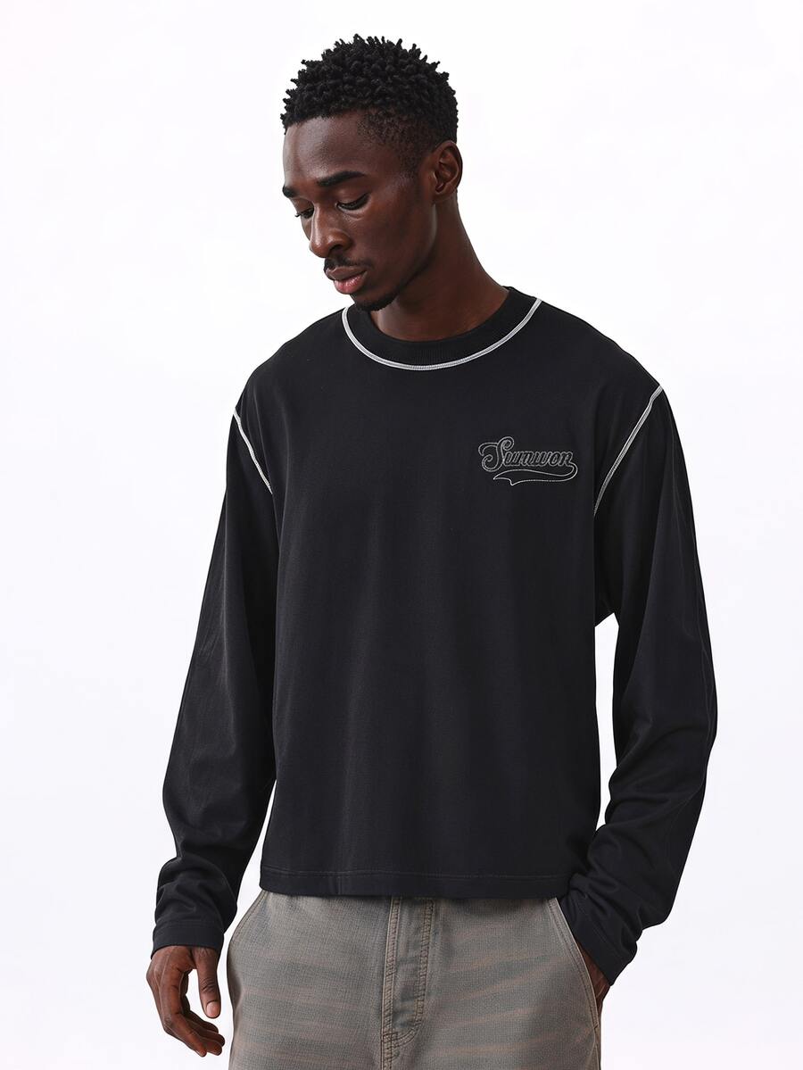 SUMWON Embroidered Logo Crew Neck Long Sleeve Tee With Contrast Stitching Detail Fall Winter Casual Top - Black - View 1