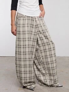 COUREZ Low Rise Baggy Balloon Trousers In Check /Y2K Going Out Outfits Fall Clothes Winter Plaid Baggy Pants Casual Winter - Apricot - View 4