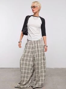 COUREZ Low Rise Baggy Balloon Trousers In Check /Y2K Going Out Outfits Fall Clothes Winter Plaid Baggy Pants Casual Winter - Apricot - View 1