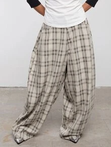 COUREZ Low Rise Baggy Balloon Trousers In Check /Y2K Going Out Outfits Fall Clothes Winter Plaid Baggy Pants Casual Winter - Apricot - View 5