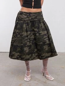 COUREZ 女款低腰迷彩牛仔裹身側綁帶中長裙 Y2K 春夏外出派對電音節慶裙 - 軍綠色 - 查看 6