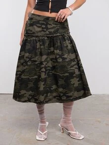 COUREZ 女款低腰迷彩牛仔裹身側綁帶中長裙 Y2K 春夏外出派對電音節慶裙 - 軍綠色 - 查看 4