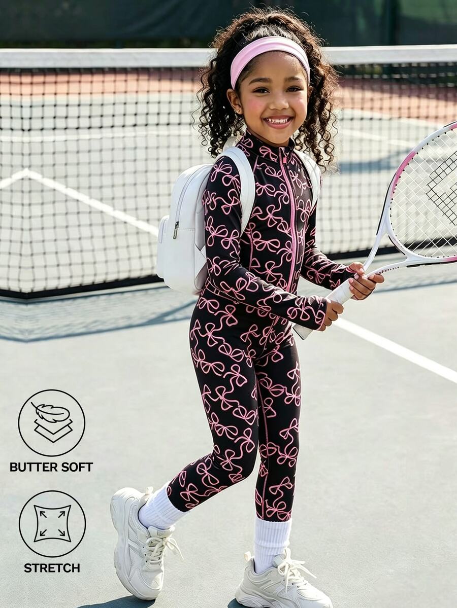 Cute Black Printed Jacket And Pants Set For Young Girl Soft Stretchy Fabric For Comfort Playgrounds Outings Casual Athletic Princess Autumn Gymnastics